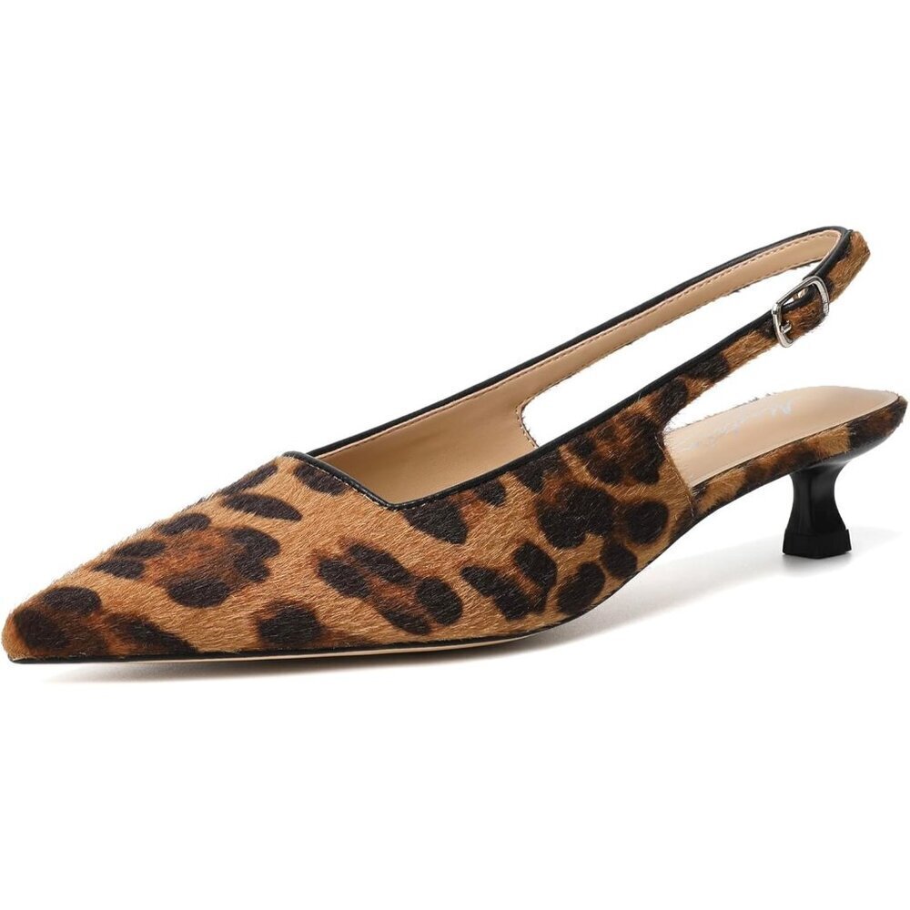 Women's Leopard Suede Pointed Closed Toe Slingback Kitten Heels Pump Party Shoes